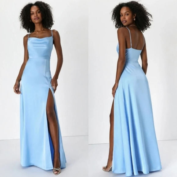 Lulus Formal Invitation Light Blue Satin Cowl Neck Maxi Dress S Wedding Party - Picture 1 of 12